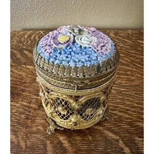 Antique Ornate Bronze Brass Porcelain Elfinware Vanity Dresser Jewelry Music Box